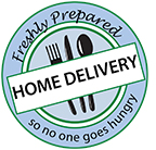 Home Delivery Logo. Fork, knife, and a spoon in a blue circle
