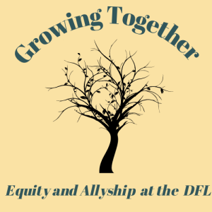 Growing Together DFL tan background with navy letters