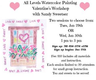 All Levels Watercolor Painting Flyer, fee for paint and instruction is $10